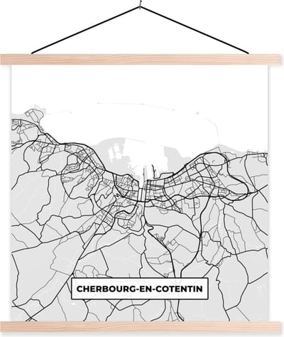Posterhanger incl. Poster 40x40 cm - Schoolplaat - Kaart - Stadskaart - Frankrijk - Cherbourg-en-Cotentin - Plattegrond - Textielposter - Blanke latten - Stadskaart
