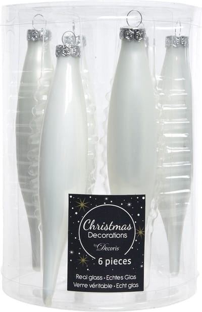 Decoris kerstbal pegels - 12x - wit - D15 cm - glas - kersthangers - ijspegels - kerstversiering