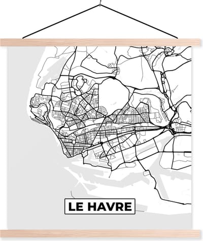 Posterhanger incl. Poster 40x40 cm - Schoolplaat - Kaart - Stadskaart - Le Havre - Frankrijk - Plattegrond - Zwart wit - Textielposter - Blanke latten - Stadskaart