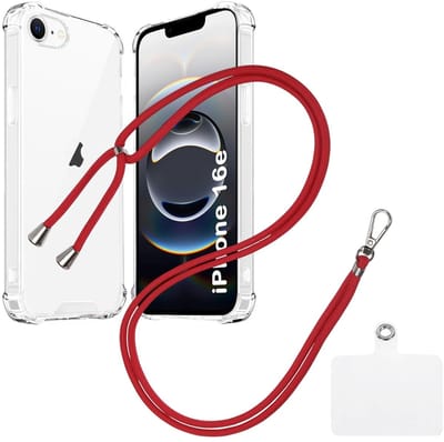 Shock Proof Case Hoes Geschikt voor iPhone 16E Hoesje Transparant Met universele Telefoonkoord rood - Cover - Nek Hanger - Koord Hoes