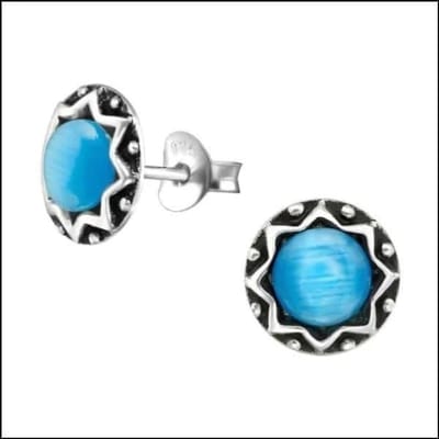 Aramat Jewels | Oorbellen | 925 Zilveren Bali Oorbellen Rond - Etnisch Design | Blauw/Cats eye-9mm | | | Zilver | Kinderen, Volwassenen | Verkleurd niet