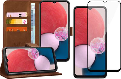 Hoesje geschikt voor Samsung Galaxy A13 4G - Book Case Kunstleer Wallet Cover Portemonnee Pasjeshouder Hoes Bruin - Full Tempered Glass Screenprotector