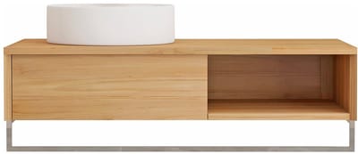 Vente-unique Zwevend badkamermeubel in teakhout met handdoekenrek en ronde keramische opbouwwastafel - 105 cm - KUPANG