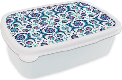 Broodtrommel Wit - Lunchbox - Brooddoos - Bloemen - Patronen - Blauw - 18x12x6 cm - Volwassenen