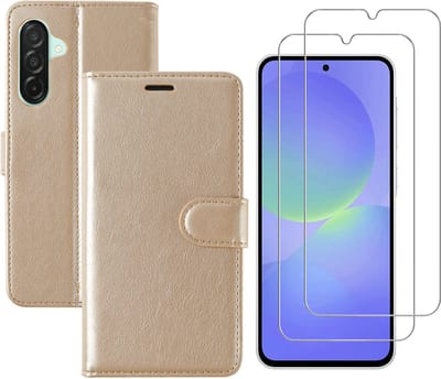 Hoesje geschikt voor Samsung Galaxy A36 bookcase Goud - Met screenprotector tempered glass Galaxy A36 - 2x