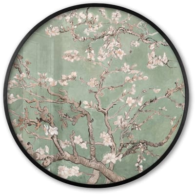 Poster in lijst Rond - Fotolijst 60x60 cm - Posters - Amandelbloesem - Kunst - Van Gogh - Groen - Ronde posterlijst zwart - Decoratie - Wanddecoratie woonkamer - Muurdecoratie slaapkamer