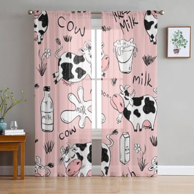 Grappige Koeien En Melkroze Tule Gordijnen Voor Woonkamer Transparant Gordijn Slaapkamer Sluier Organza Decoratieve Raambekleding 135W x 114H(cm) white