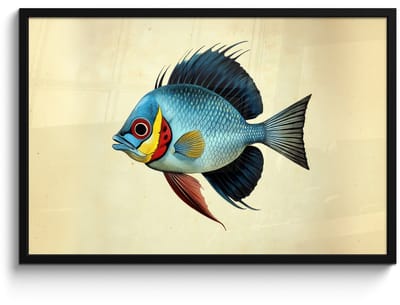 Poster in lijst - Fotolijst 90x60 cm - Posters - Blauw - Kieuwen - Vis - Illustratie - Posterlijst zwart - Decoratie - Wanddecoratie woonkamer - Muurdecoratie slaapkamer