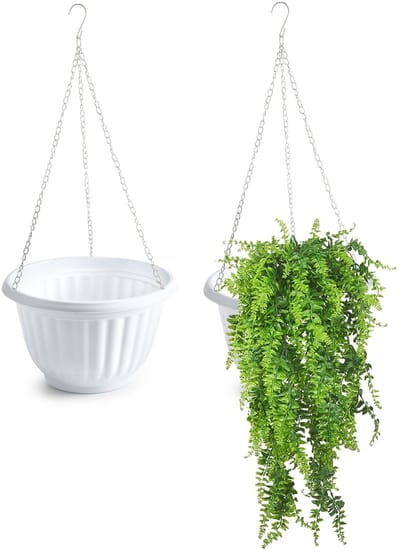 Plasticforte Plantenpot - 2x - hangend - kunststof - wit - D25 x H15 cm - bloempot aan ketting