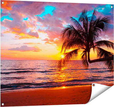 Gards Tuinposter Tropisch Strand tijdens Zonsondergang - 100x80 cm - Tuindoek - Tuindecoratie - Wanddecoratie buiten - Tuinschilderij