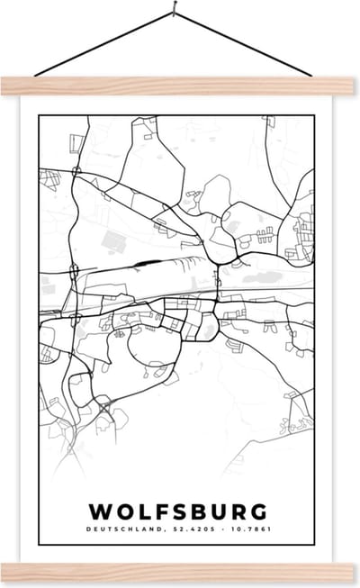 Posterhanger incl. Poster 40x60 cm - Schoolplaat - Wolfsburg - Plattegrond - Kaart - Stadskaart - Textielposter - Blanke latten - Stadskaart