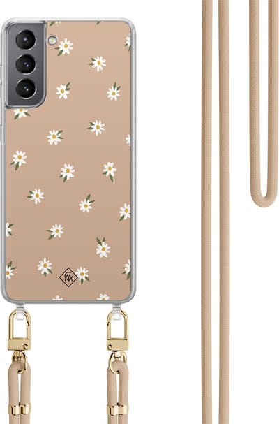 Casimoda® hoesje met koord - Geschikt voor Samsung S21 - Sweet Daisies - Afneembaar koord - TPU/polycarbonaat - Bruin/beige