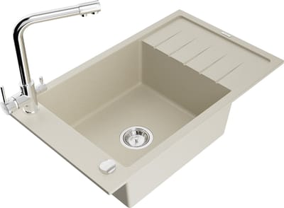 Mexen Elias granieten spoelbak met één bak en afdruiprek en keukenmengkraan Duero, beige - 6511-69-671600-00