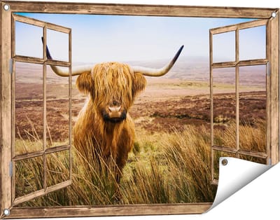 Gards Tuinposter Doorkijk Schotse Hooglander Koe in het Veld - 90x60 cm - Tuindoek - Tuindecoratie - Wanddecoratie buiten - Tuinschilderij