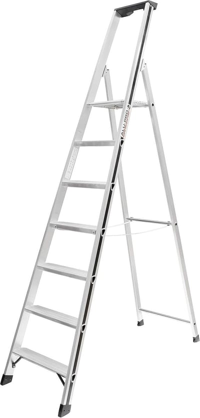 Trapladder 7 Treden - Huishoudtrap Keukenladder - Klus Klussen Thuis - Stabiel Aluminium Frame - Compact Opvouwbaar - Zilverkleurig