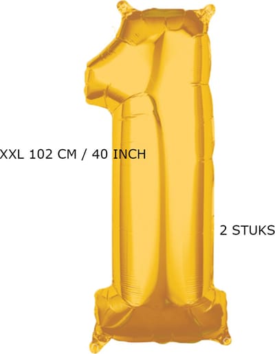 Mega grote XXL gouden folie ballon. 102 cm 40 inch. Cijfer 1 jaar.  leeftijd verjaardag 1.  Met rietje om op te blazen. 2 stuks
