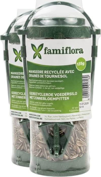 Famiflora Voedersilo Zonnebloempitten - 2 stuks (270 gram) - Gerecycleerd - Buitenvogels - 135g per stuk - Voor tuinvogels - Volledig recyclebaar materiaal - Inclusief 135g zonnebloempitten