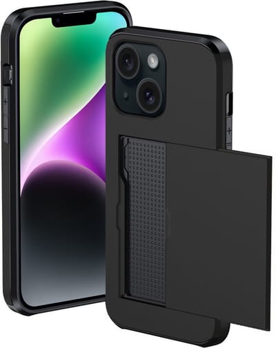 Hoesje Geschikt voor iPhone 14 Hoesje Met Pasjeshouder Hard Case Met Kaarthouder - Hoes Geschikt voor iPhone 14 Hoesje Pashouder Case - Zwart