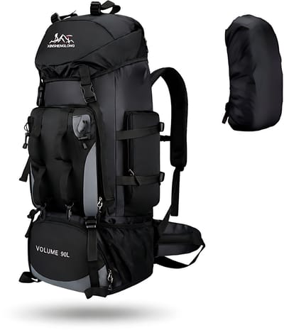 CarryQuest® 90L Hiking Backpack - Waterdichte Trekking Rugzak met Regenhoes, Heupgordel & Rugventilatie - Zwart