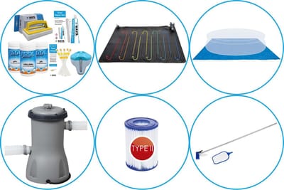 WAYS - Zwembad Accessoirepakket 6-delig - WAYS Onderhoudspakket & Zwembad verwarming & Filterpomp (58383) & Zwembad filters Type II & Zwembad stofzuiger & Grondzeil