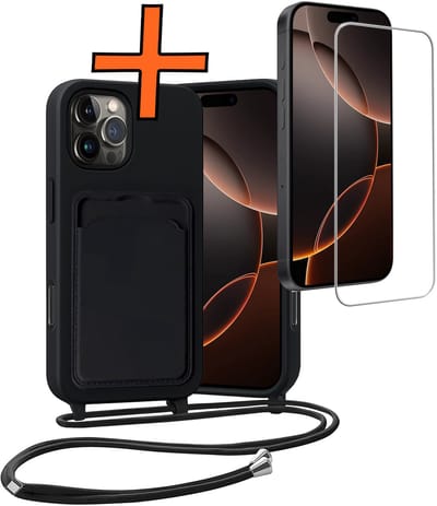 Hoesje Geschikt voor iPhone 16 Pro Hoesje Met Telefoonketting Pasjeshouder Case Met Screenprotector Koord - Hoesje Geschikt voor iPhone 16 Pro Hoes Met Kaarthouder - Zwart