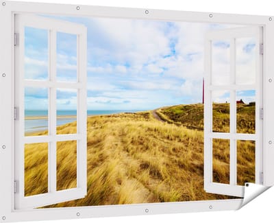 Gards Tuinposter Doorkijk Vuurtoren met Duinen in Texel - 180x120 cm - Tuindoek - Tuindecoratie - Wanddecoratie buiten - Tuinschilderij