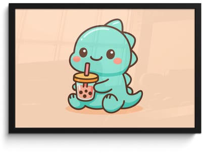 Poster in lijst - Fotolijst 60x40 cm - Posters - Dino - Boba - kawaii - Oranje - Posterlijst zwart - Decoratie - Wanddecoratie woonkamer - Muurdecoratie slaapkamer