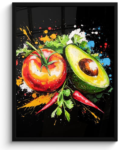 Poster in lijst - Fotolijst 50x70 cm - Posters - Tomaat - Avocado - Peper - Graffiti - Verf - Modern - Posterlijst zwart - Decoratie - Wanddecoratie woonkamer - Muurdecoratie slaapkamer