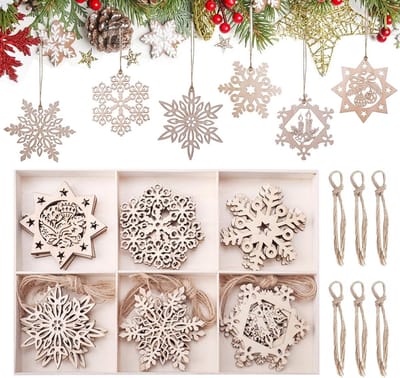 Set van 30 Houten Sneeuwvlok Kerstboomdecoraties van 8 cm met Doos - Perfect voor DIY Kerstversiering en Feestelijke Decoratie