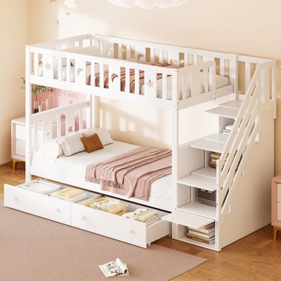 Kinderstapelbed 90x200/90x200 - Met Opbergtrap En 2 Grote Lades - Met Lattenbodem - Massief Hout - Wit