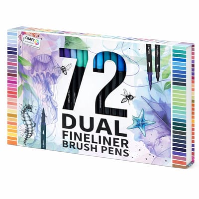 Craft Sensations Dual Fineliner & Brush Pens – 72 Stuks – Dubbele Punt (Fineliner 0.4 mm & Brush Tip 1.2 mm) – Multicolor Tekenset voor Handlettering, Illustraties en Kleuren