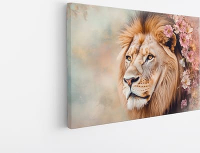 Saammp Canvas Schilderij - Leeuw met roze bloemen - Dieren - Abstract - 45x30 - Foto op canvas - Wanddecoratie - Muurdecoratie Woonkamer - Slaapkamer decoratie - Canvas Print