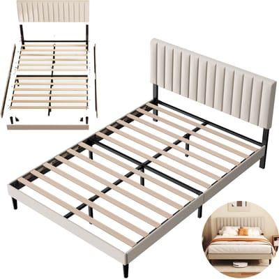 KUTAS® Metalen Bedframe - Gestoffeerd bed - 140x200 CM Tweepersoonsbed - Met Hoogte Verstelbaar Hoofdeinde - Met Lattenbodem - Opbergruimte Onder Het Bed -Stevig - Stil - Draagkracht 480 kg - Grijs Beige