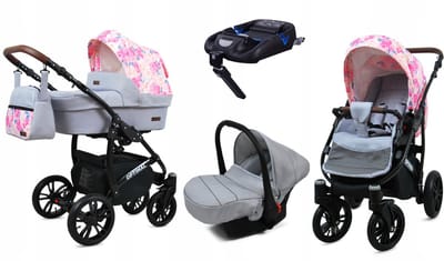 BabyLux® Kinderwagen 4in1 – OPTIMAL - PEONY AND ROSE BLACK FRAME - Opklapbare Wandelwagen incl. Reiswieg, Multifunctionele Buggy Sportstoel, Autostoel, ISOFIX basisstation - Combi-kinderwagen met Luiertas, Regenhoes, Klamboe