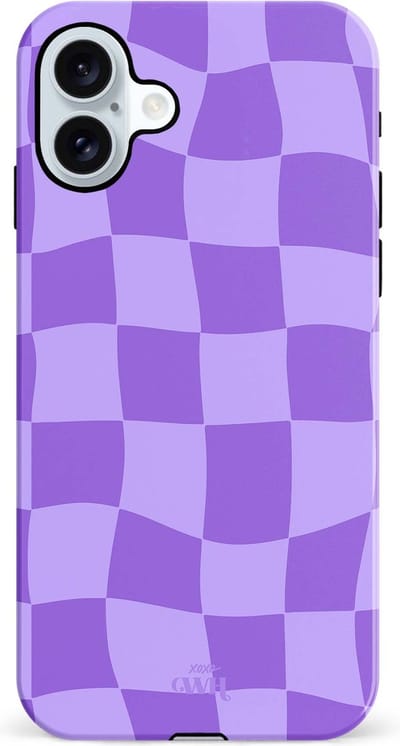 xoxo Wildhearts Violet Vibes - Double Layer - Hoesje geschikt voor iPhone 16 case - Siliconen hoesje met golvenprint - Golvende blokjes - Geblokt - Hardcover - Beschermhoes - Optimale bescherming - Dubbele beschermlaag - Paars