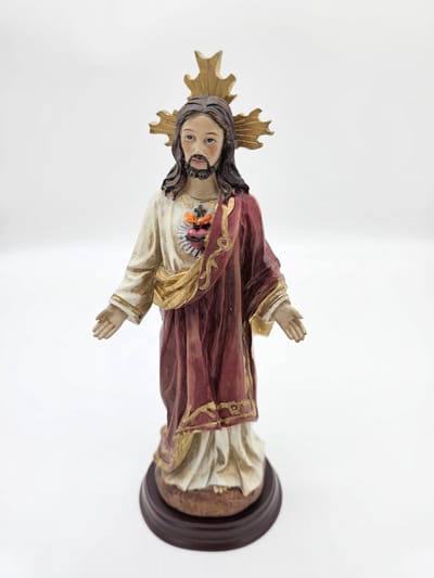 Jezus Christus met Kruis Wonderdadig - beeld 21,5 cm hoog op console - materiaal polystone - religieus beeld