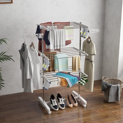 MEUNIQ Droogtoren 142 x 55 x 152 cm met 3 niveaus, inklapbaar droogrek met 6 wielen en verstelbare zijvleugels, vrijstaand wasrek voor binnen en buiten, wit