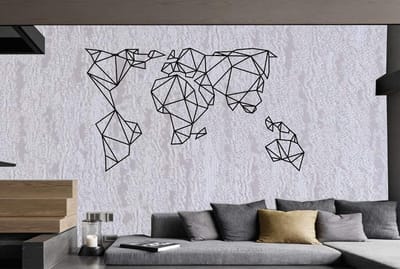 Wereldkaart Wanddecoratie - Metaal Kaart - Woonkamer Decoratie - Geometrisch 3D Effect - 150x86cm - Mat Zwart