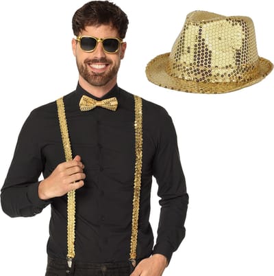 Faram Party carnaval verkleed set - hoedje en vlinderstrikje - Goud glitters - Verkleedkleding voor volwassenen