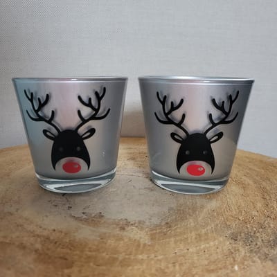 Set van 2 Theelichtjes - Kerst - Zilver - Rendier - Rudolf