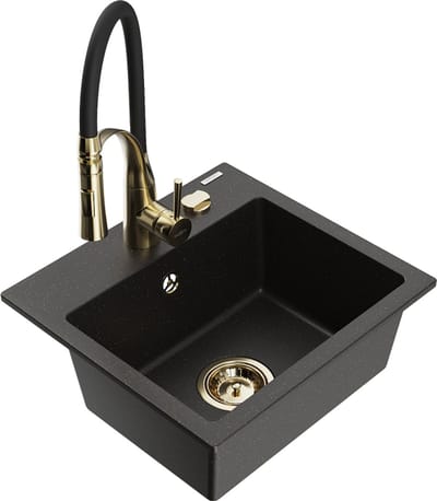 Mexen Milo granieten spoelbak met 1 bak en keukenmengkraan Aster, zwart/goud metallic - 6505-75-73450-57-G