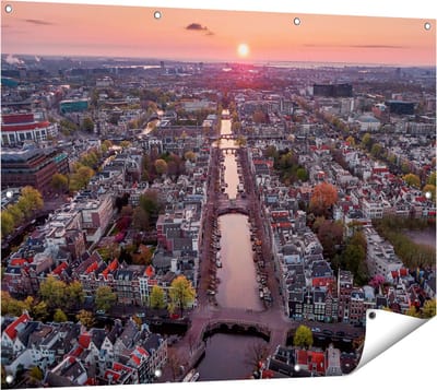 Gards Tuinposter Bovenaanzicht Amsterdam met Zonsondergang - 120x90 cm - Tuindoek - Tuindecoratie - Wanddecoratie buiten - Tuinschilderij
