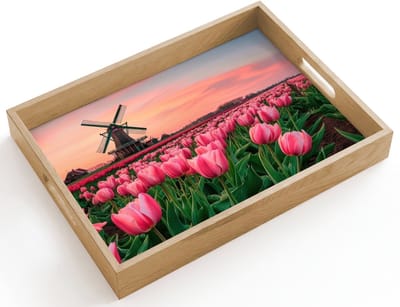 Dienblad hout 40x30 cm - Schootdienblad - Tulpen - Molen - Nederland - Borrelplank rechthoek - Plateau dienbladen