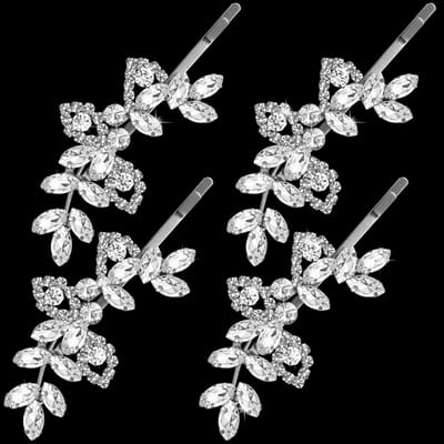 Set van 4 Zilveren Strass Haarclips met Bladvorm - Bruidshaarsieraden voor Feesten