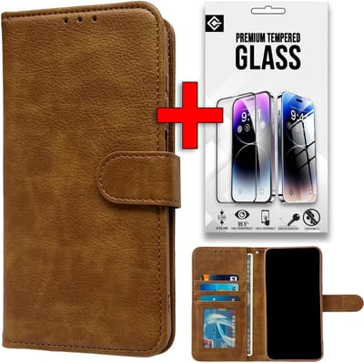 Casemania Hoesje & Glas Geschikt voor Apple iPhone 16e - Bruin - Luxe Portemonnee Book Case - Glazen Screenprotector