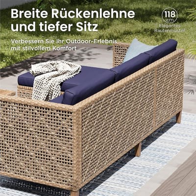 Polyrattan Loungeset 6 Personen 185x122,5x62,5 cm – Hoekbank met Chaise Longue, 2-Zitsbank, Fauteuil, Poef & Salontafel, Luxe Tuinset met Kussens – Donkerblauw – Laura