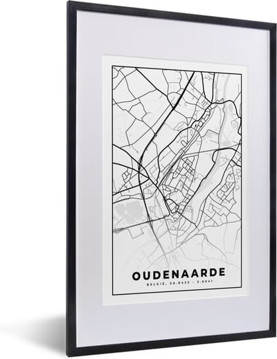 Fotolijst incl. Poster Zwart Wit- Zwart Wit – België – Plattegrond – Stadskaart – Kaart – Oudenaarde - 40x60 cm - Posterlijst