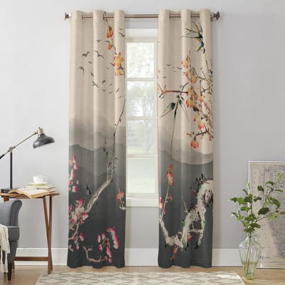 Chinese Schilderij Pruimenbloesem Landschap Raamgordijn Woonkamer Luxe Valgordijn voor Slaapkamer Huis Keuken Decor Gordijn 135W x 60H(cm) x1 gray