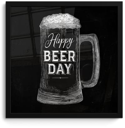 Poster in lijst - Fotolijst 40x40 cm - Posters - Bierpul - Witte krijtletters - Happy beer day - Posterlijst zwart - Decoratie - Wanddecoratie woonkamer - Muurdecoratie slaapkamer