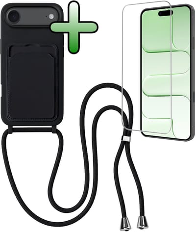 Hoes Geschikt voor iPhone Air Hoesje Pas Houder Case Hoes Met Koord Met Screenprotector - Hoesje Geschikt voor iPhone Air Hoes Met Telefoonkoord Pasjeshouder Cover - Zwart